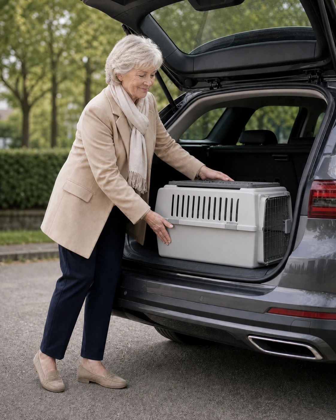 Woman placing the removable carrier in a car boot