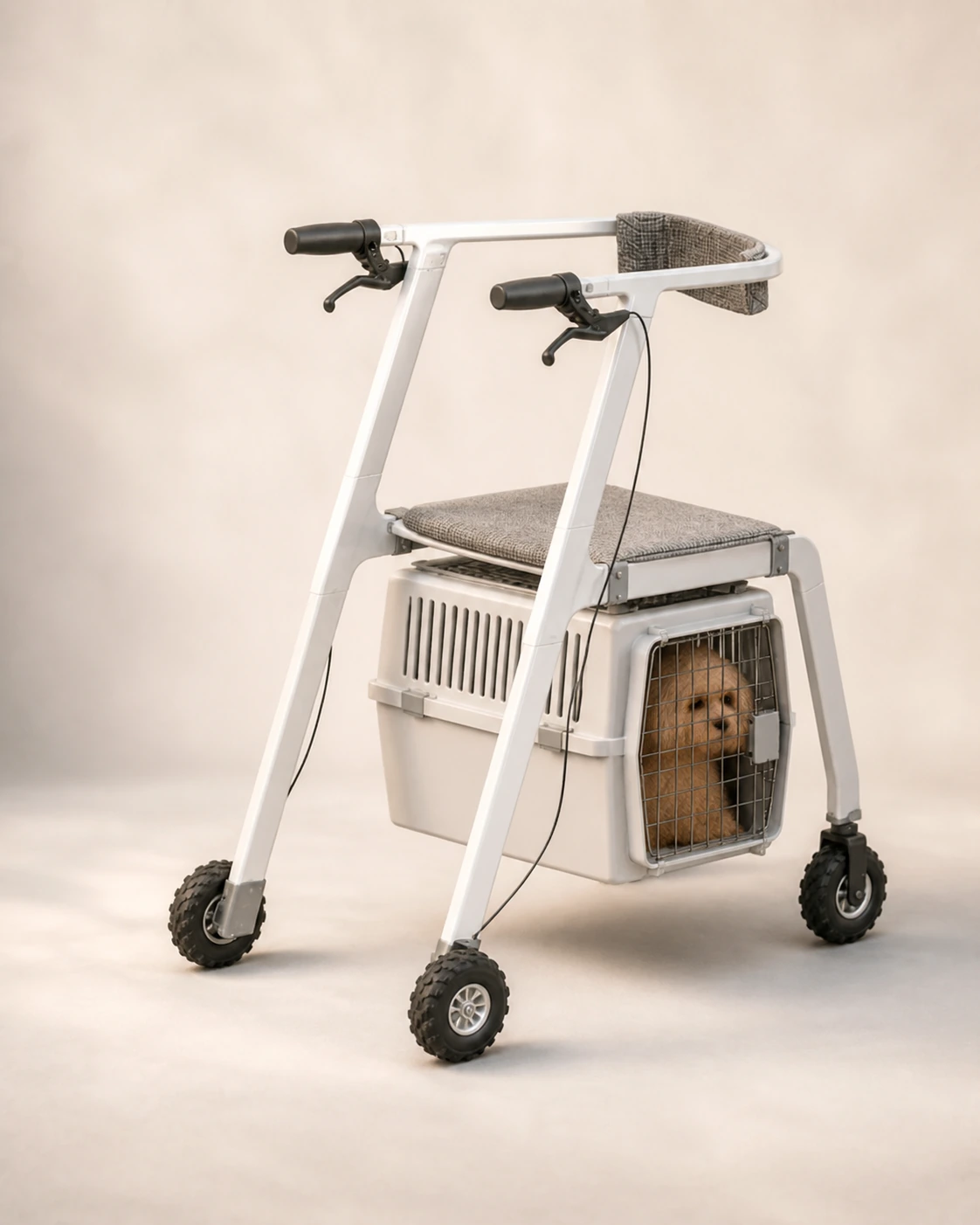 Small dog sitting safely in the RollaPETor carrier