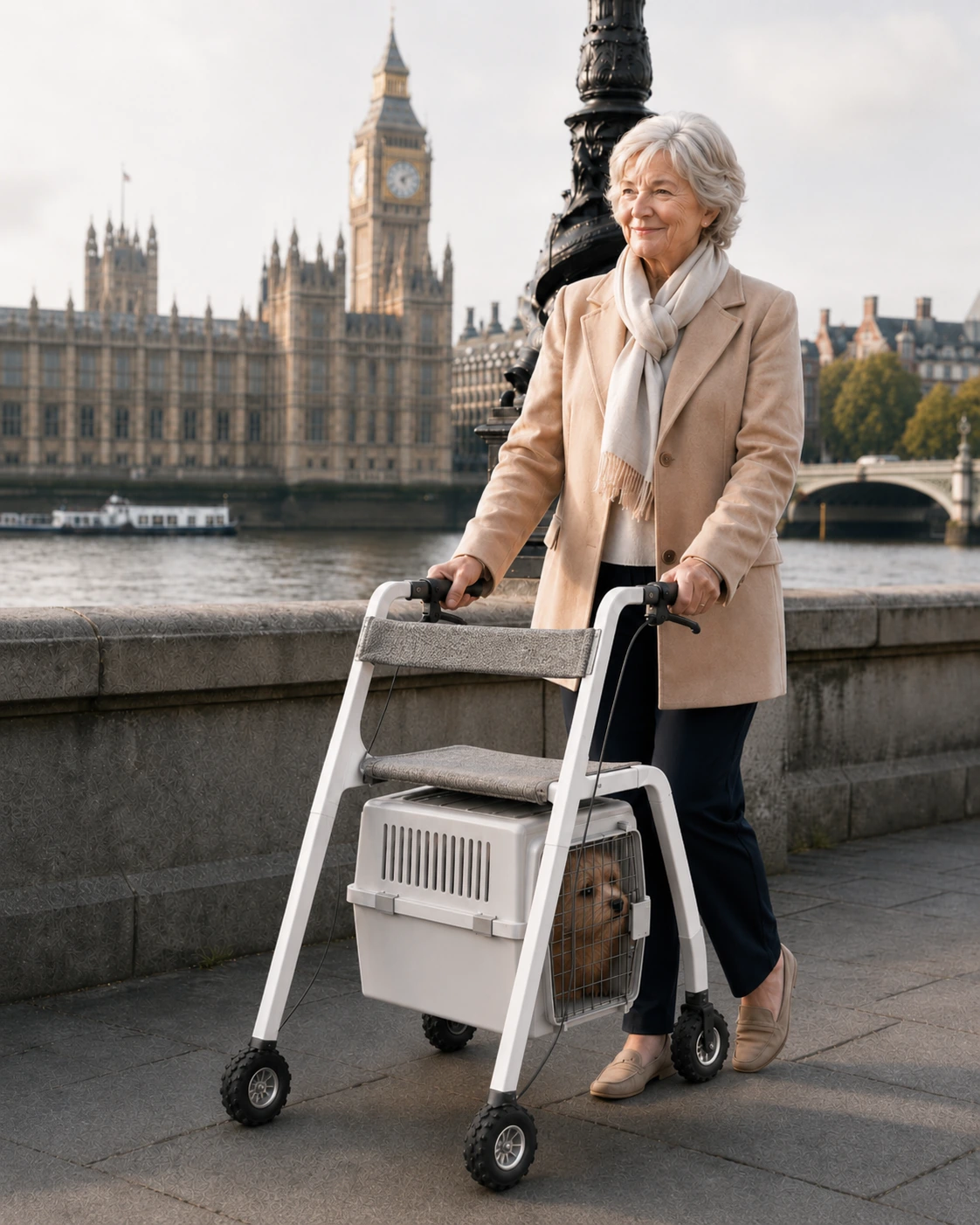 Woman walking with RollaPETor and her dog in London